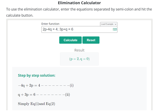 System of linear equations solved through (https://www.allmath.com/elimination-calculator.php)
